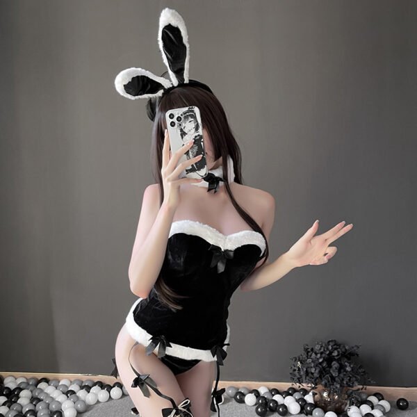 SINGREINY Cosplay Rabbit Maid Sexy Nightwear Halter Splice Fur Bow Lingerie Combination Christmas Erotic Porno Underwear Sets